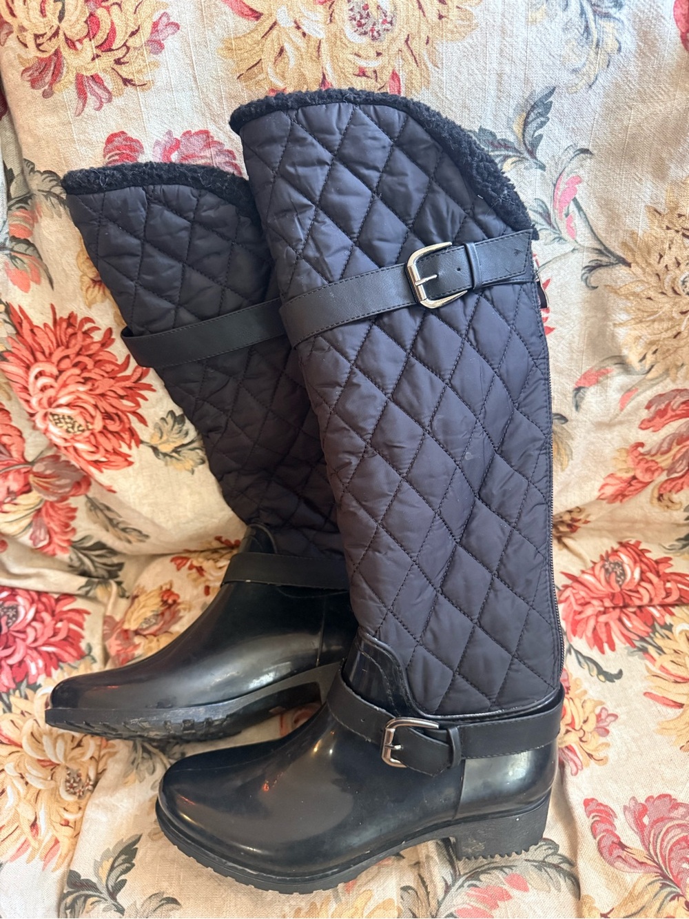 Quilted Black Tall Rain Boots with Buckle Accent